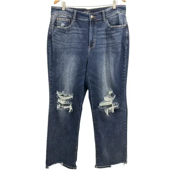 Judy Blue High Rise Straight Fit Distressed Jeans 18W Fray Hem Stretch Denim