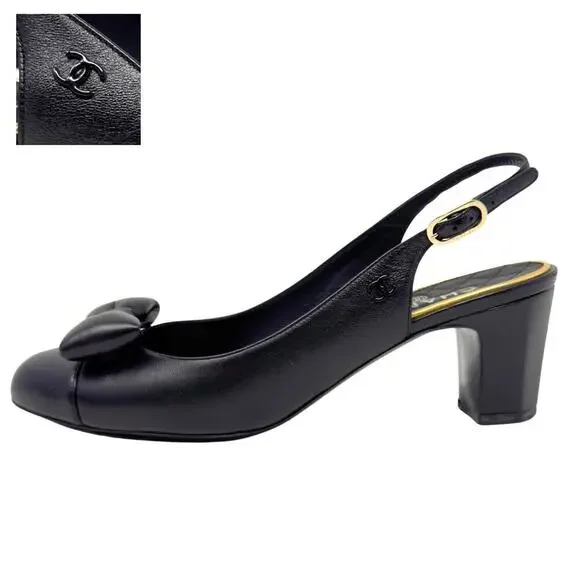 Chanel CC Logo Bow Black Gold Slingback Quilted Mary Jane Block Heels Loafers 38