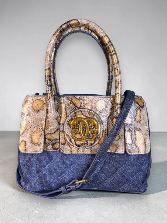 Sharif Legacy Denim and Snake Embossed Top Handle Crossbody - SAMPLE Bag