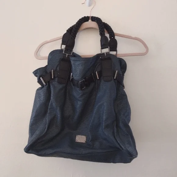 Romeo & Juliet Couture Blue Large Faux Leather Handbag w/ Braided Handle
