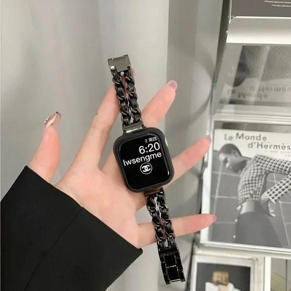 Apple Watch Band Luxury Adjustable Stylish Strap Silver Stainless Chain Black