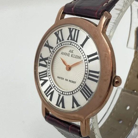 Anne Klein Womens Watch 34mm Rose Gold Tone Asymmetric Leather New Battery 7.75
