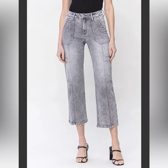 NWOT Vervet High Rise Crop Cargo Straight Leg Jeans Acid Wash Gray Size 29