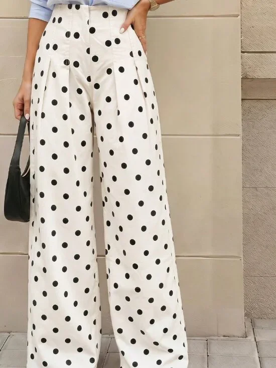 Beige Casual Women's Polka Dot Pattern Pleated Wide Leg Loose Denim Pants