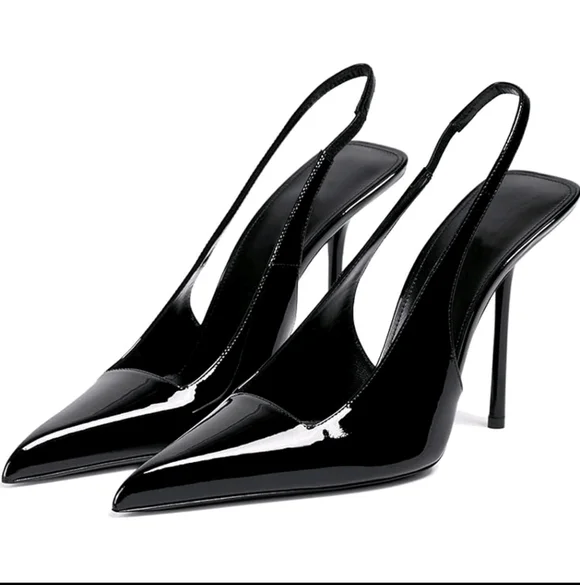 NWT Fashion Kiss Faux Leather Pointed Toe Slingback Stiletto Pump,10.5, Black