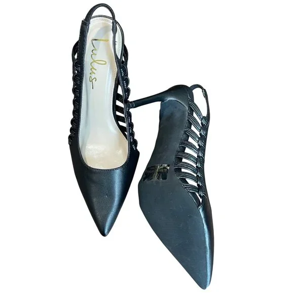 Lulus Syoosh Black Pointed‎ Toe Slingback Pumps Women's Size 8 Knotted Stiletto