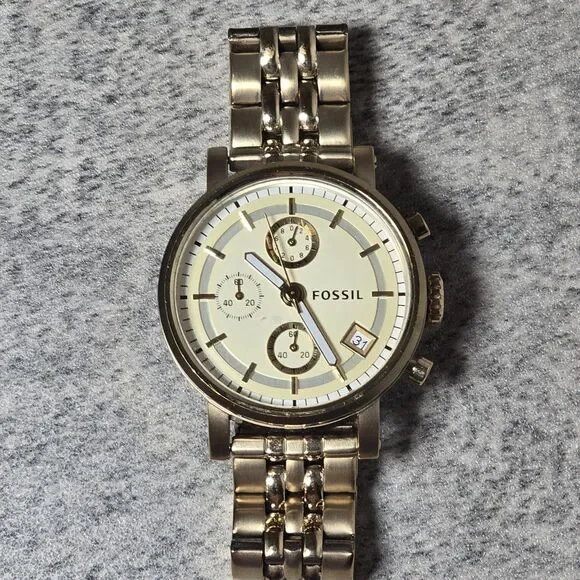 Fossil Chronograph Gold-Tone Stainless Steel Women's Watch ES-2197 Needs Battery