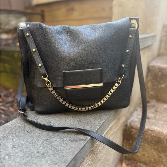 EUC Furla Minerva gorgeous black leather Black crossbody Bag with Chain