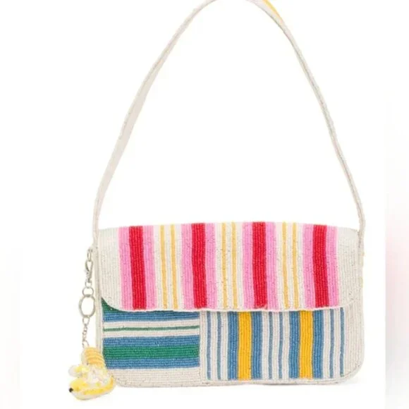 Handcrafted in India Vibrant Colorful Striped Beaded Shoulder Bag w Charm NWT