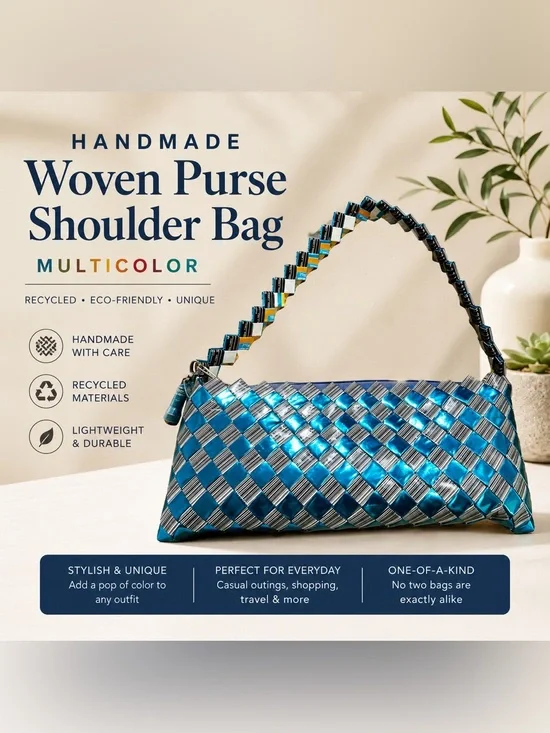 Handmade Recycled Wrapper Woven Shoulder Bag Blue Silver Artisan Purse