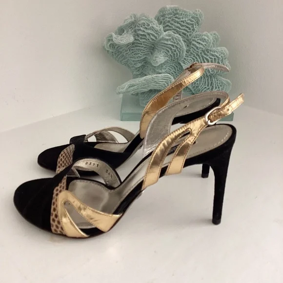 REDUCED DOLCE AND GABBANA BLACK AND GOLD SUEDE & LEATHER HEELS SANDALS 36.5 US 6