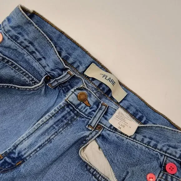 Gap Jeans Flare‎ Ankle Women's 4A Light Blue Denim Multi Pink Buttons Side Seam