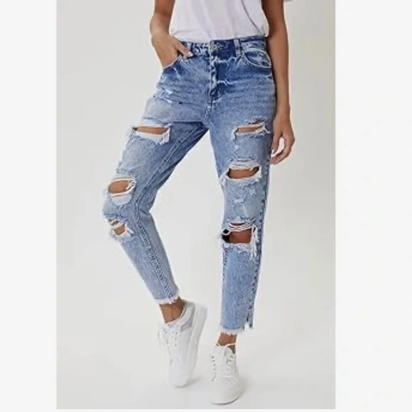 KanCan 9 (28) High Rise Distressed Mom Women’s Jeans Frayed Hems KC5201M