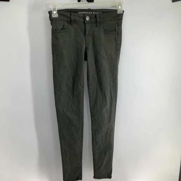 American‎ Eagle Sateen Jegging Olive Green Super Stretch Low Rise Skinny Pants 0