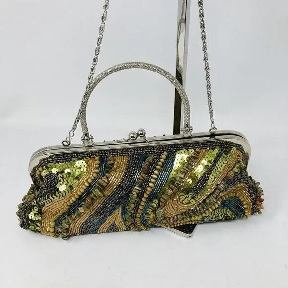 Vintage Gold Sequin Bead Evening Bag Handmade‎ Cocktail Chain Purse 11x4x3