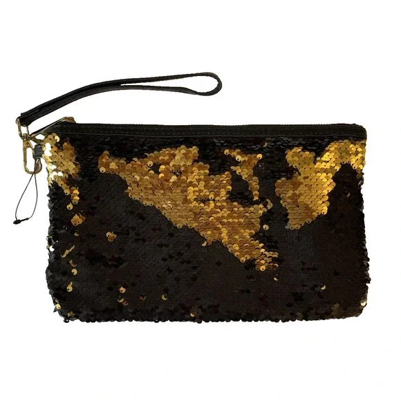 Chico’s Black Gold Sequin Clutch Evening Bag Removable‎ Strap , New without Tags