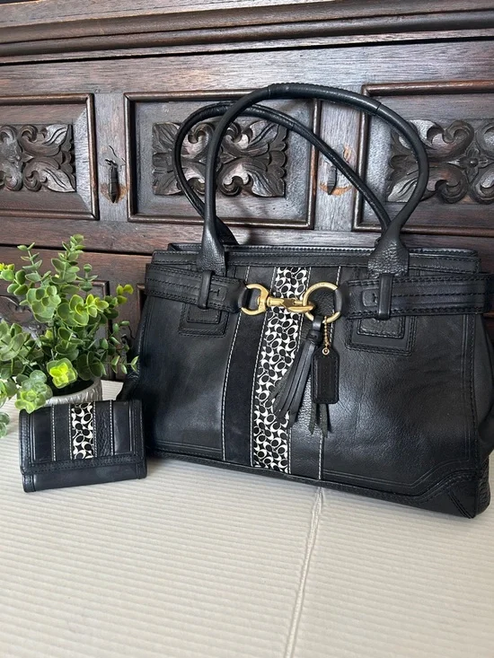 Coach Black Leather Shoulder Bag with Signature Stripe and Matching Wallet