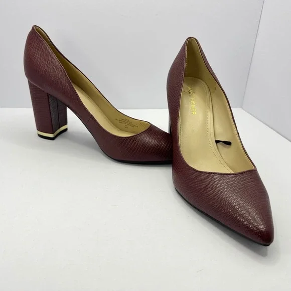 Marc Fisher Burgundy Pumps Women 8.5 Snakeskin Block Heel Gold Accent Workwear