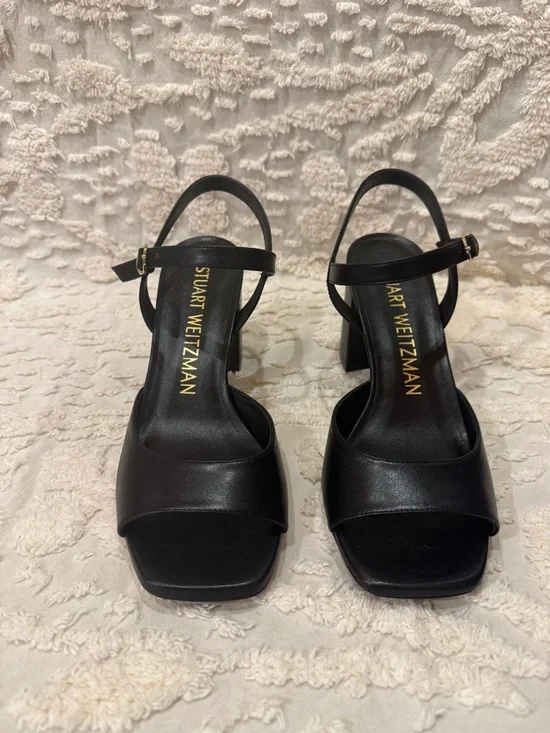 Stuart Weitzman Black Leather Block Heel Slingback Sandals #620