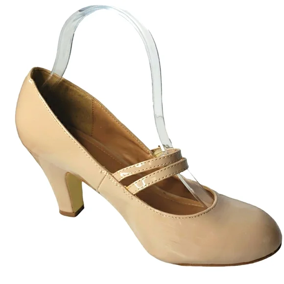 Bridesmaid Faux Patent Double Strap Mary Jane Heels Neutral Office Brinley 7.5 ♡