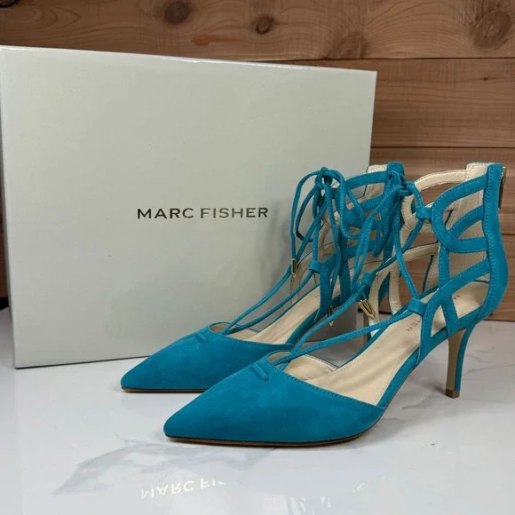 Marc Fisher Womens Blue Suede Lace Up Pointed Toe Heels Size‎ 7.5 M
