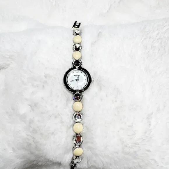 FOSSIL F2 Women's Studded Pearl & Clear Stone Band Silver Metal Watch