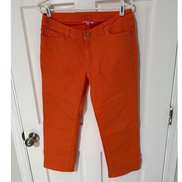 Lilly Pulitzer Orange Denim Crop Pants Womens Size 6 Stretch Mid Rise Straight