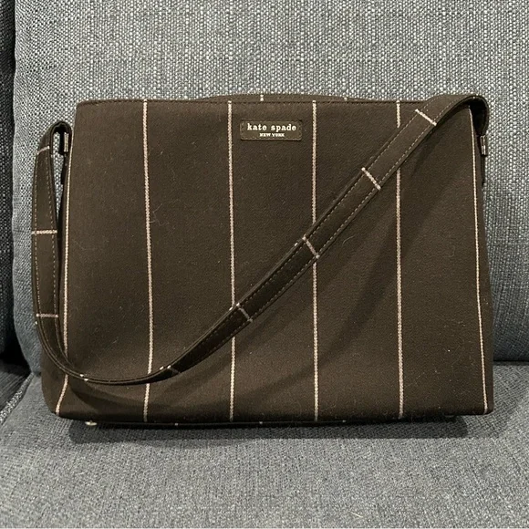 Kate Spade Shoulder Bag Black/Gray Wool Pinstriped Made In Italy