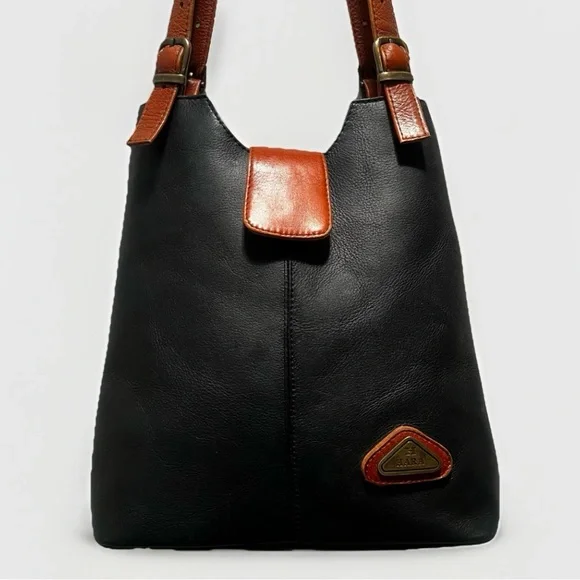 Hara Daviny Genuine Leather Vintage Shoulder Bag Black Brown Double Handle Purse