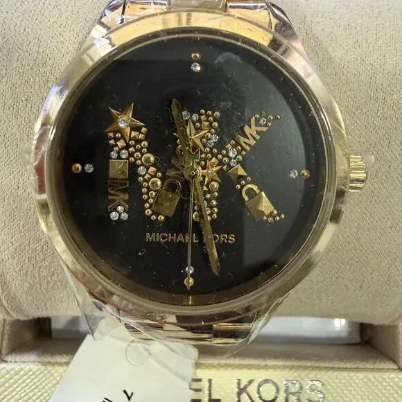 NIB Michael Kors Runway Quartz Black Dial Gold Steel Strap Watch