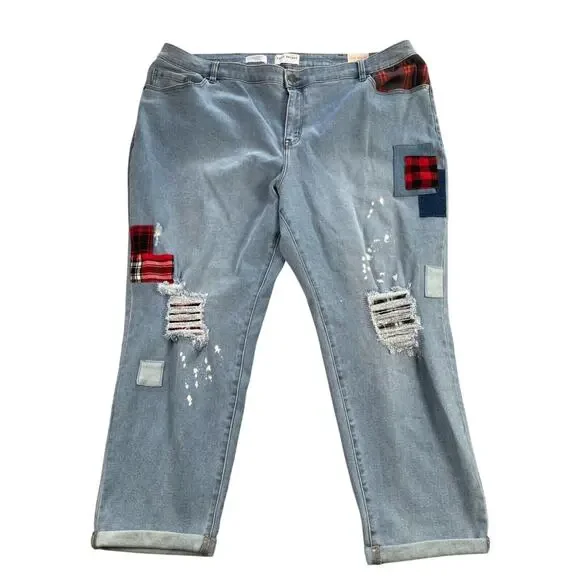 Lane Bryant Jeans Womens Plus 24 Boyfriend Mid-rise Plaid Patches Distressed