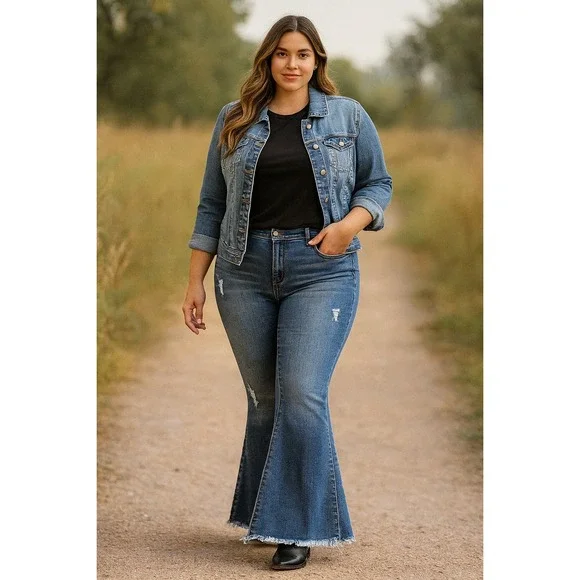 Home Folk Women's Denim Flare‎ Jeans Distressed Frayed Hem Size 18