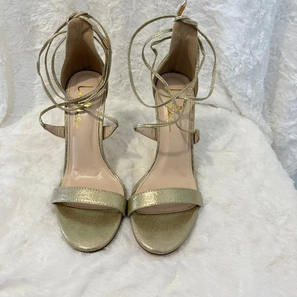 Lulus Metallic‎ Gold Glitter Lace Up Ankle Wrap High Heels Stiletto Sandals Sz 7