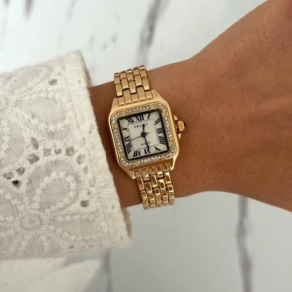 Sku0399‎ Retro Gold Zircon Stones Women Casual Fashion Square Watch + gift bag