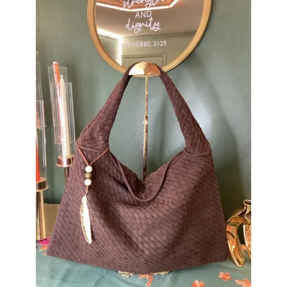 Luxury Faux Suede Woven Hobo Shoulder‎ Bag Chocolate Brown Chic Everyday