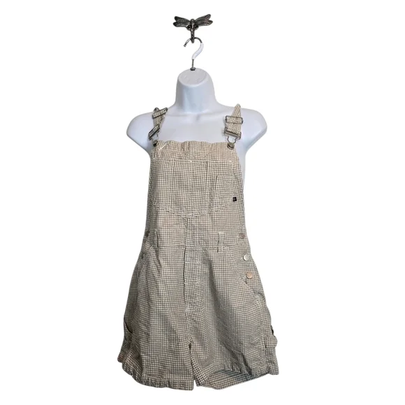 VINTAGE No Boundaries Seafaom Green Checked Side Button Shorts Overalls Romper
