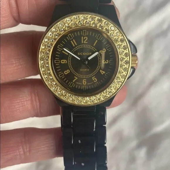 Scoop Black and Gold UNISEX Watch with Gold Crystal Bezel