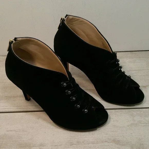 Womans Adrienne Vittadini Pumps Black Leather Suede Peep Toe Bootie Size 7.5M