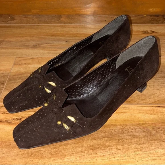 Stuart Weitzman Vintage Square Toe Brown Heels w/ gold accents - womens size 6.5
