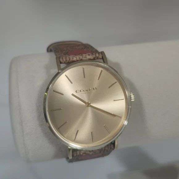 Coach Elegant Gold Watch with Brown And Pink Heart Strap