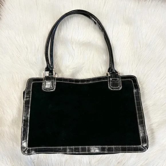 Jaclyn Smith Black Suede Croc Embossed Trim Shoulder Bag Purse Tote Work Bag