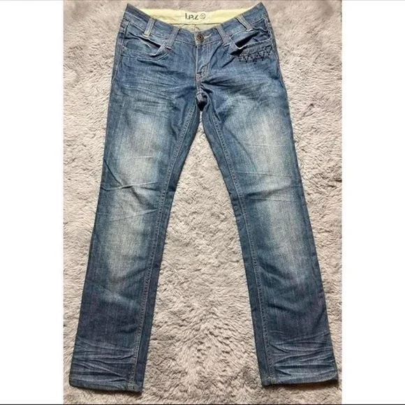 Y2k I.P.Z low rise dark wash bootcut jeans with black rhinestones
