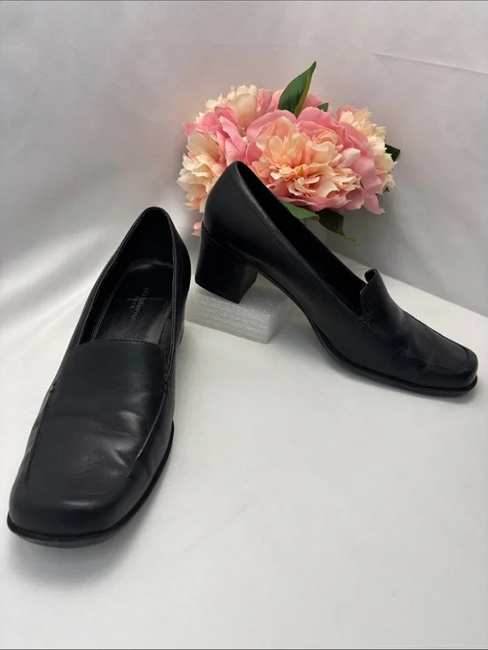 Liz Claiborne Classic Black Leather Block Heel Loafer - Women 10 #415