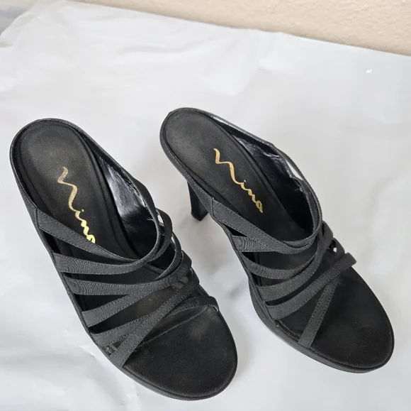 Nina Black French Peau Strappy Heels Size 6M Pre-Owned In Original Box #2A1427