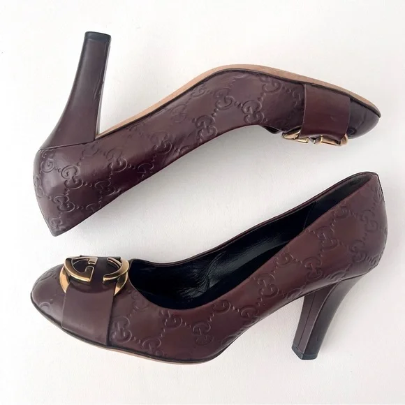 GUCCI | Brown Guccissima Leather Oversized Interlocking GG Logo Pumps Heels 39