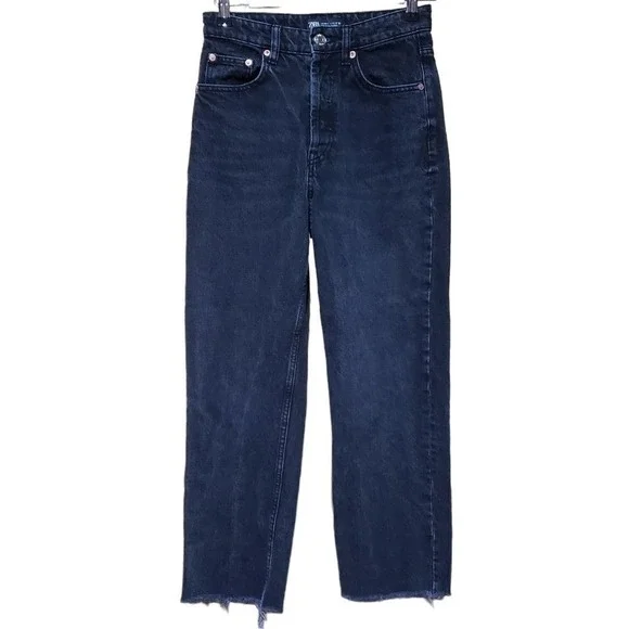 Zara Black Straight Leg Denim Raw Hem 4 Button Fly Grunge Streetwear Casual Edgy