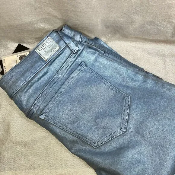 GUESS JEANS Women's Power Skinny Metallic Ice Blue Retail $138 Tags Attached