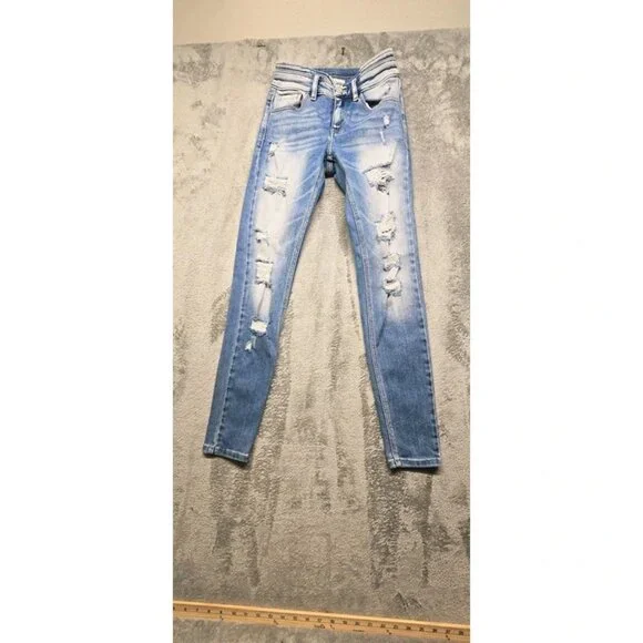 Kancan Denim 5 Pocket Skinny Jeans Womens 24 Blue Mid Rise Distressed Light Wash