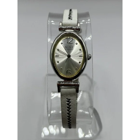 Nine & Company Watch Women's Stainless Silver White Leather‎ Band- New Battery!