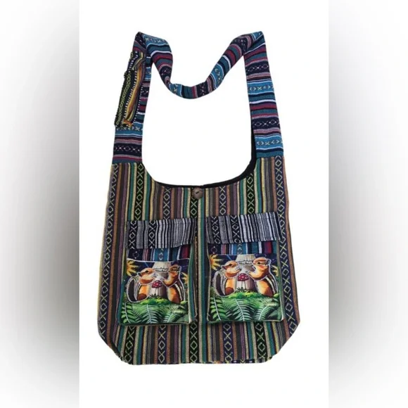 Bohemian Multicolor Striped Crossbody Bag with Front Pockets